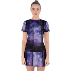 Moonlit A Forest At Night With A Full Moon Drop Hem Mini Chiffon Dress by Proyonanggan