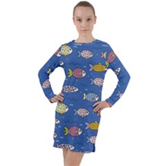 Sea Fish Blue Submarine Animal Long Sleeve Hoodie Dress by Proyonanggan