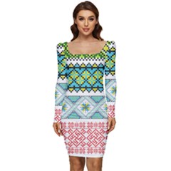 Ukraine Ornament Pattern Symbolism Geometric Women Long Sleeve Ruched Stretch Jersey Dress by pakminggu