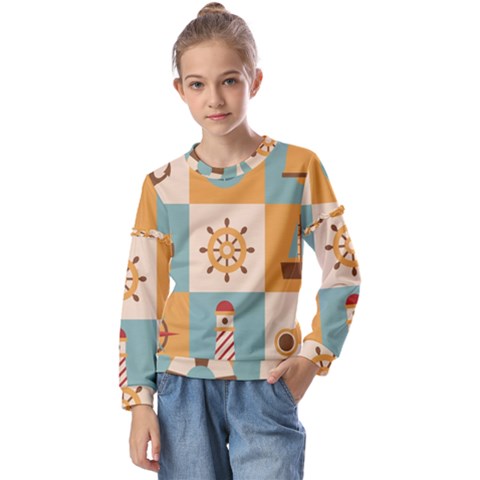 Nautical Elements Collection Kids  Long Sleeve Tee With Frill  by Bangk1t