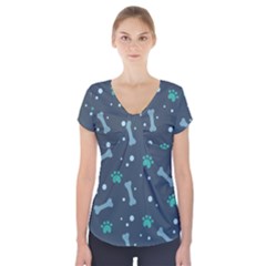Bons Foot Prints Pattern Background Short Sleeve Front Detail Top by Bangk1t