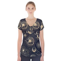 Asian Seamless Pattern With Clouds Moon Sun Stars Vector Collection Oriental Chinese Japanese Korean Short Sleeve Front Detail Top by Bangk1t