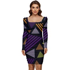 Abstract Pattern Design Various Striped Triangles Decoration Women Long Sleeve Ruched Stretch Jersey Dress by Bangk1t