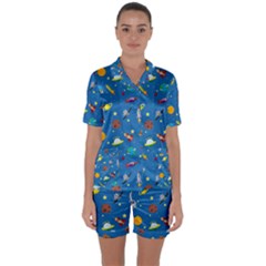 Space Rocket Solar System Pattern Satin Short Sleeve Pajamas Set by Bangk1t