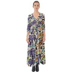 Purple Orange Green Blue Cartoon Button Up Boho Maxi Dress