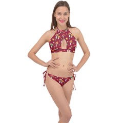 Woodland Mushroom And Daisy Seamless Pattern On Red Backgrounds Cross Front Halter Bikini Set