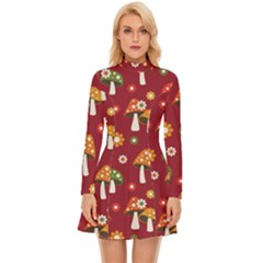 Woodland Mushroom And Daisy Seamless Pattern On Red Backgrounds Long Sleeve Velour Longline Dress by Amaryn4rt