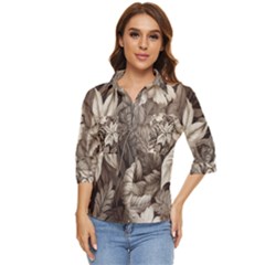 Plant Leaves Pattern Women s Quarter Sleeve Pocket Shirt