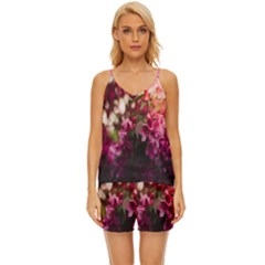 Pink Flower V-neck Satin Pajamas Set by artworkshop