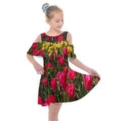 Yellow Pink Red Flowers Kids  Shoulder Cutout Chiffon Dress