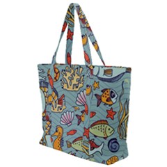 Cartoon Underwater Seamless Pattern With Crab Fish Seahorse Coral Marine Elements Zip Up Canvas Bag by Grandong