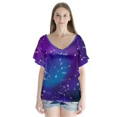 Realistic Night Sky With Constellations V-neck Flutter Sleeve Top by Cowasu