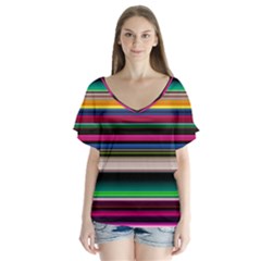 Horizontal Lines Colorful V-neck Flutter Sleeve Top