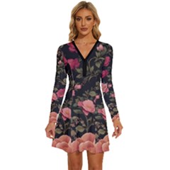 Flower Pattern Long Sleeve Deep V Mini Dress  by Grandong