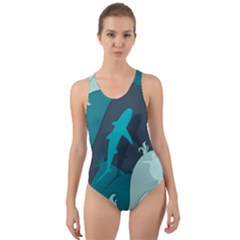 Ocean Turtle Shark Sea Life Sea Cut-out Back One Piece Swimsuit by pakminggu