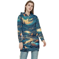 Forest River Night Evening Moon Women s Long Oversized Pullover Hoodie by pakminggu