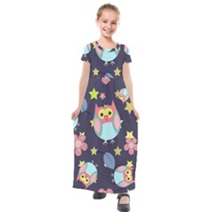 Owl-stars-pattern-background Kids  Short Sleeve Maxi Dress