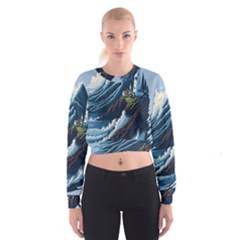 Lighthouse Sea Waves Cropped Sweatshirt by uniart180623