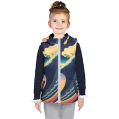 Japanese Japan Waves Sea Ocean Kids  Hooded Puffer Vest by uniart180623