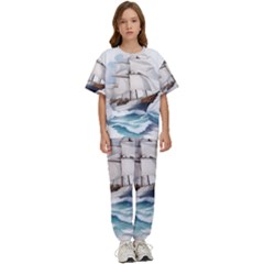 Ship Sail Sea Waves Kids  T-shirt And Pants Sports Set