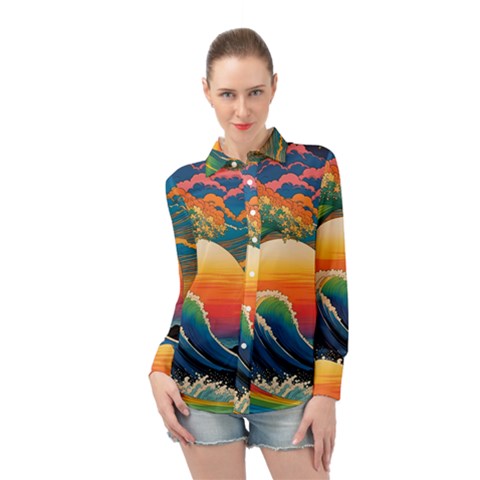 Waves Rainbow Sea Long Sleeve Chiffon Shirt by uniart180623