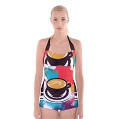 Coffee Tea Cappuccino Boyleg Halter Swimsuit 