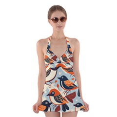 Vintage Birds Pattern Halter Dress Swimsuit  by Valentinaart