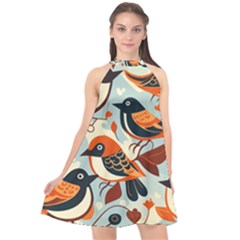 Vintage Birds Pattern Halter Neckline Chiffon Dress 