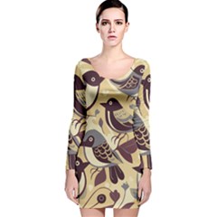 Vintage Birds Pattern Long Sleeve Velvet Bodycon Dress