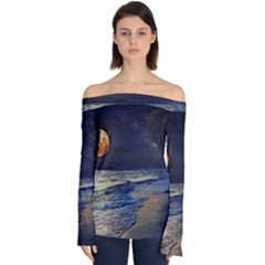 Beautiful Moon Nigh Sky Stars Off Shoulder Long Sleeve Top