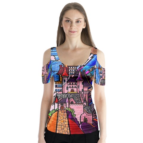 Beauty Stained Glass Castle Building Butterfly Sleeve Cutout T-shirt  by Cowasu