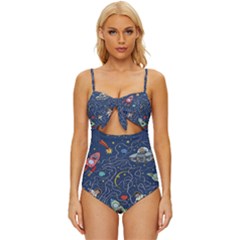 Cat-cosmos-cosmonaut-rocket Knot Front One-piece Swimsuit by pakminggu