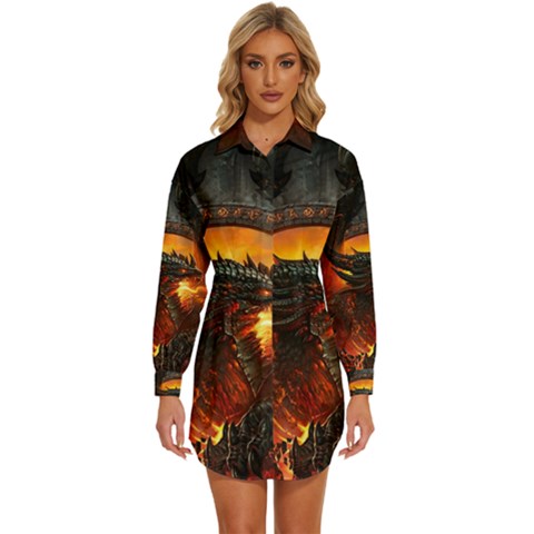 Dragon Fire Fantasy Art Womens Long Sleeve Shirt Dress by Cowasu