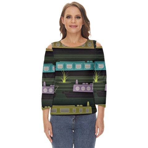Narrow-boats-scene-pattern Cut Out Wide Sleeve Top by Cowasu