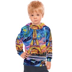 Eiffel Tower Starry Night Print Van Gogh Kids  Hooded Pullover by Sarkoni