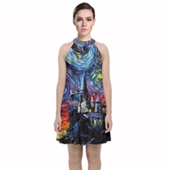 Castle Starry Night Print Van Gogh Parody Velvet Halter Neckline Dress 