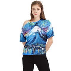 Mount Fuji Art Starry Night Van Gogh One Shoulder Cut Out T-shirt by Sarkoni