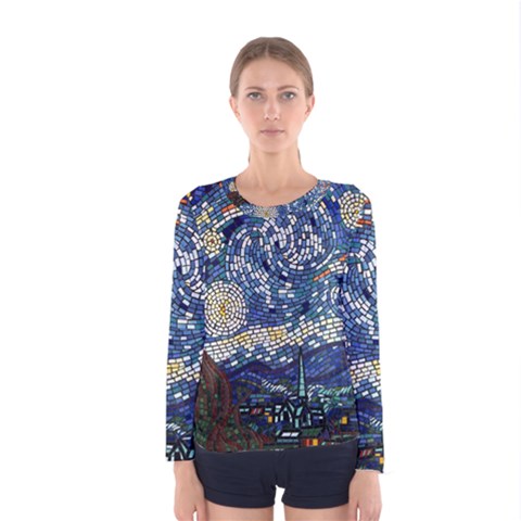 Mosaic Art Vincent Van Gogh s Starry Night Women s Long Sleeve T-shirt by Sarkoni