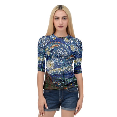 Mosaic Art Vincent Van Gogh s Starry Night Quarter Sleeve Raglan T-shirt by Sarkoni