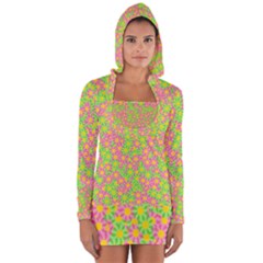 Pink Flower Background Green Pattern Long Sleeve Hooded T-shirt