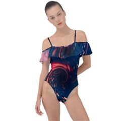 Fluid Swirl Spiral Twist Liquid Abstract Pattern Frill Detail One Piece Swimsuit by Ravend