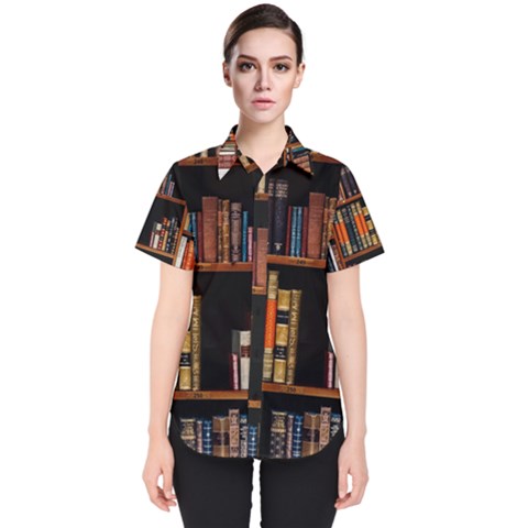 Assorted Title Of Books Piled In The Shelves Assorted Book Lot Inside The Wooden Shelf Women s Short Sleeve Shirt by Ravend