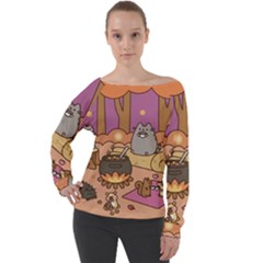 Pusheen Cute Fall The Cat Off Shoulder Long Sleeve Velour Top