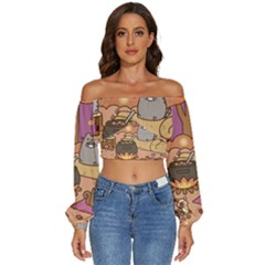 Pusheen Cute Fall The Cat Long Sleeve Crinkled Weave Crop Top