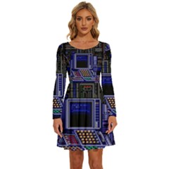 Blue Computer Monitor With Chair Game Digital Art Long Sleeve Wide Neck Velvet Dress by Bedest