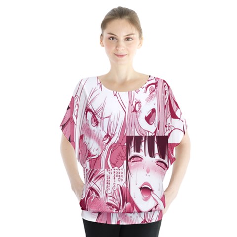 Ahegao Pink, Anime, Girl, Girlface, Girls, Pattern, White, Hd Batwing Chiffon Blouse by nateshop