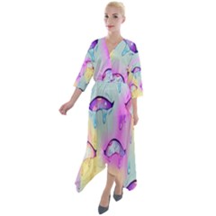 Ahegao, Anime, Pink Quarter Sleeve Wrap Front Maxi Dress