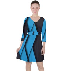 Blue Black Abstract Background, Geometric Background Quarter Sleeve Ruffle Waist Dress