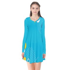 Blue Yellow Abstraction, Creative Backgroun Long Sleeve V-neck Flare Dress