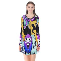 Cartoon Graffiti, Art, Black, Colorful, Wallpaper Long Sleeve V-neck Flare Dress by nateshop